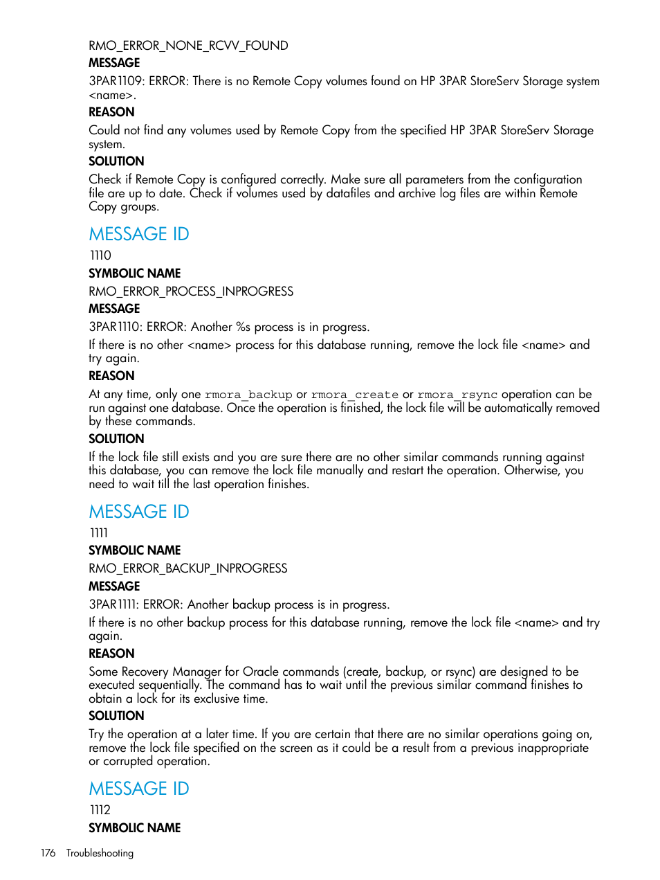 Message id | HP 3PAR Application Software Suite for Oracle User Manual | Page 176 / 223