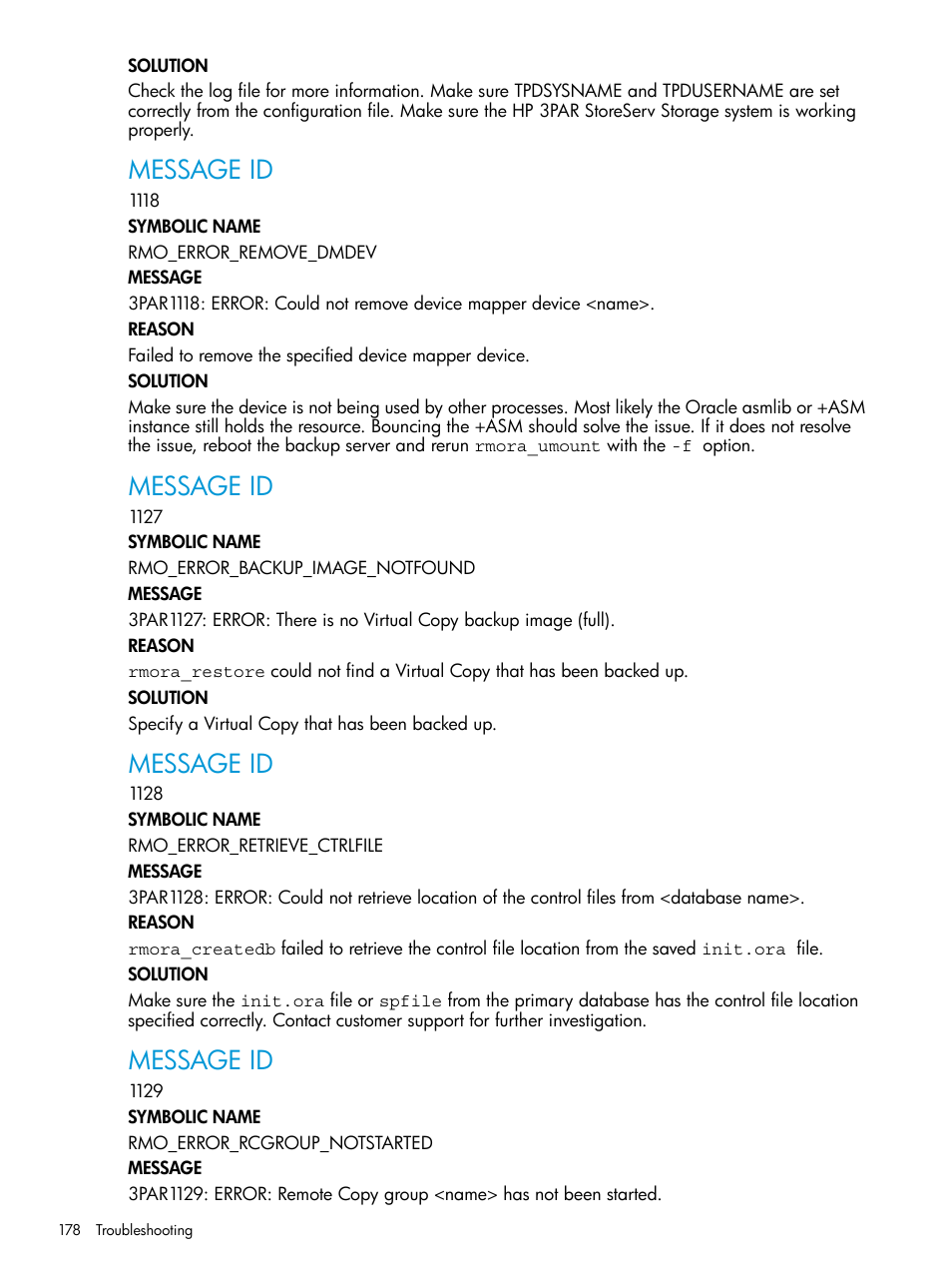 Message id | HP 3PAR Application Software Suite for Oracle User Manual | Page 178 / 223