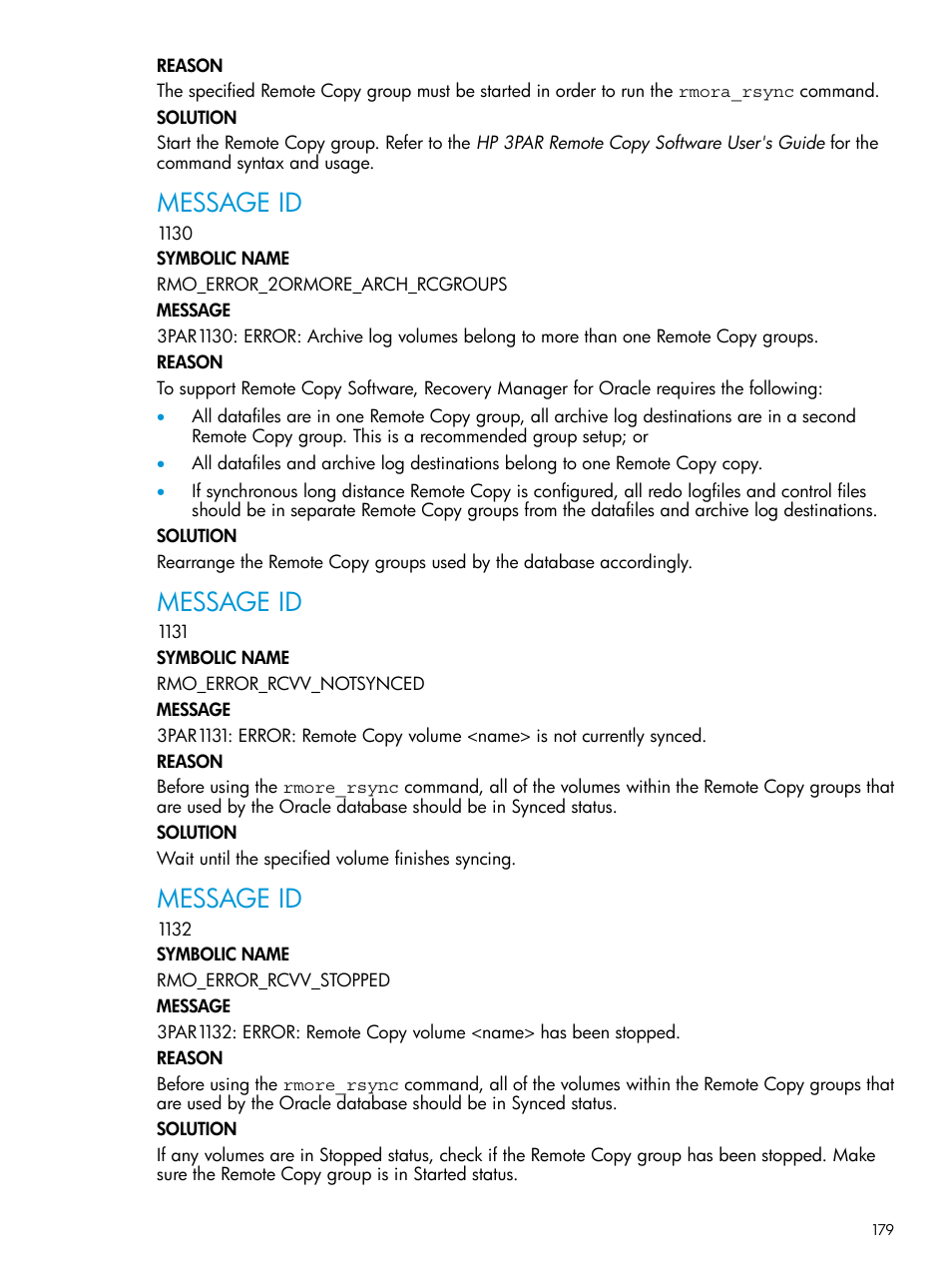 Message id | HP 3PAR Application Software Suite for Oracle User Manual | Page 179 / 223