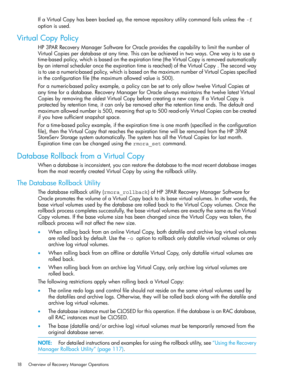 Virtual copy policy, Database rollback from a virtual copy, The database rollback utility | HP 3PAR Application Software Suite for Oracle User Manual | Page 18 / 223