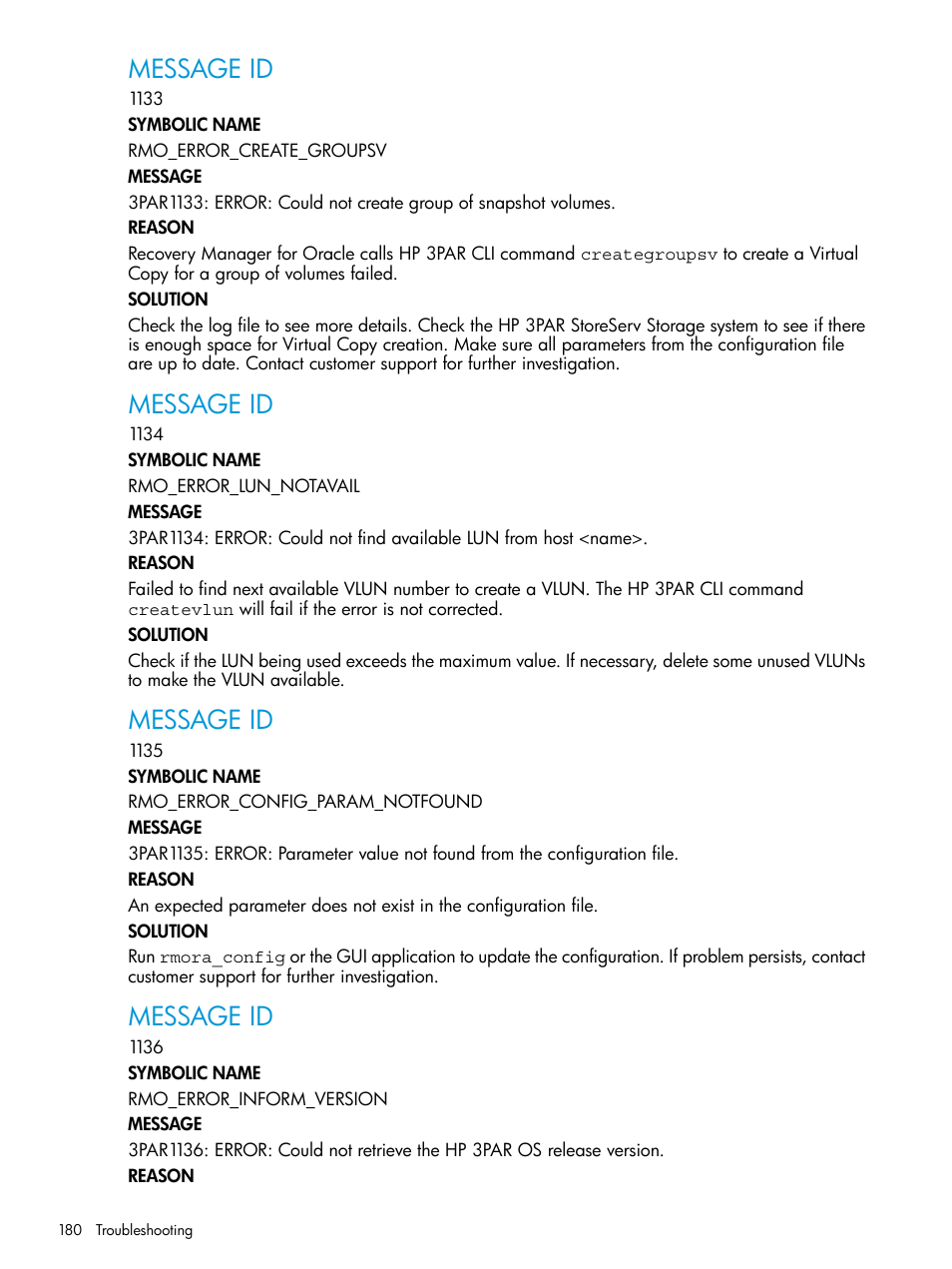 Message id | HP 3PAR Application Software Suite for Oracle User Manual | Page 180 / 223