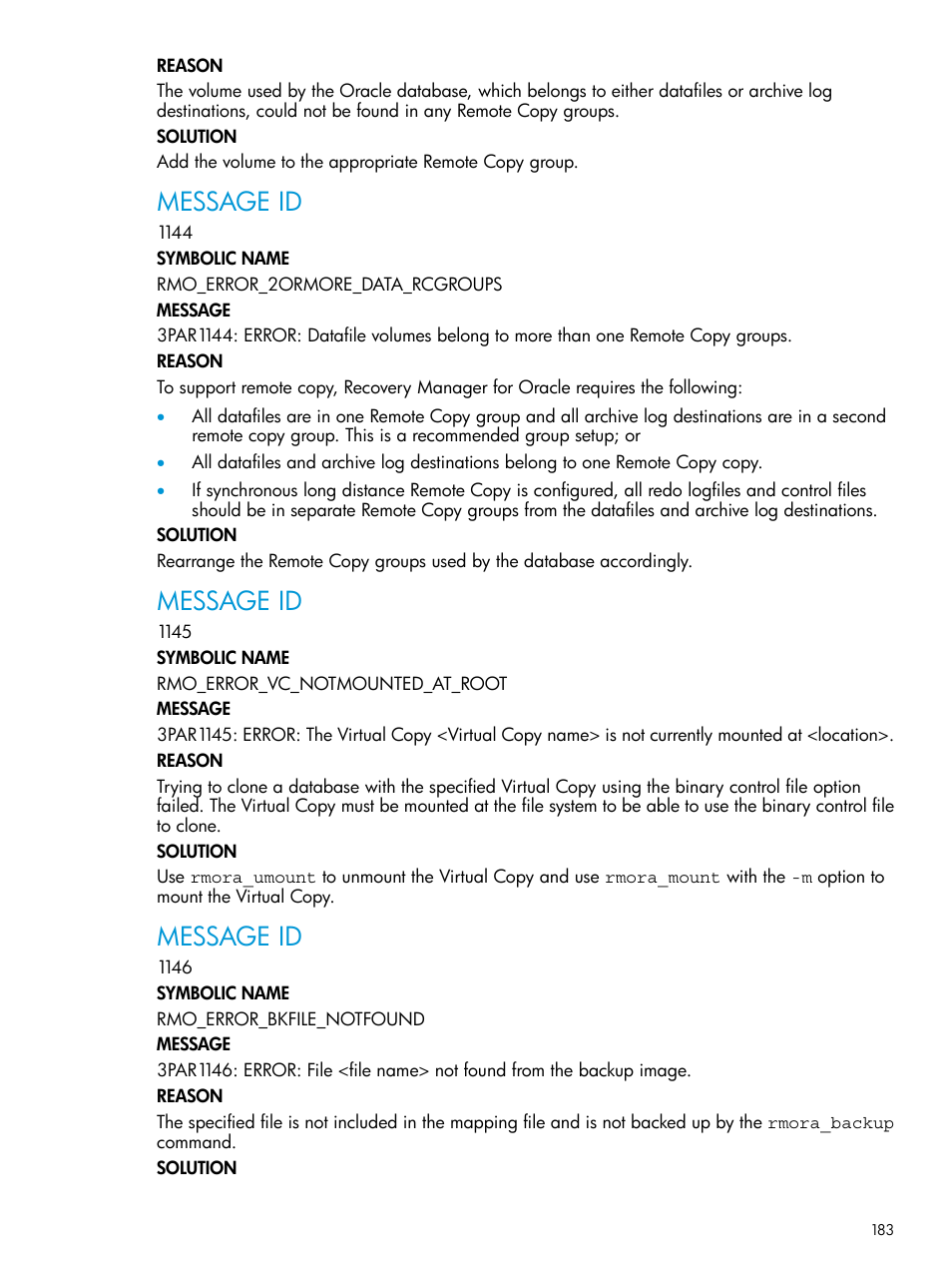 Message id | HP 3PAR Application Software Suite for Oracle User Manual | Page 183 / 223