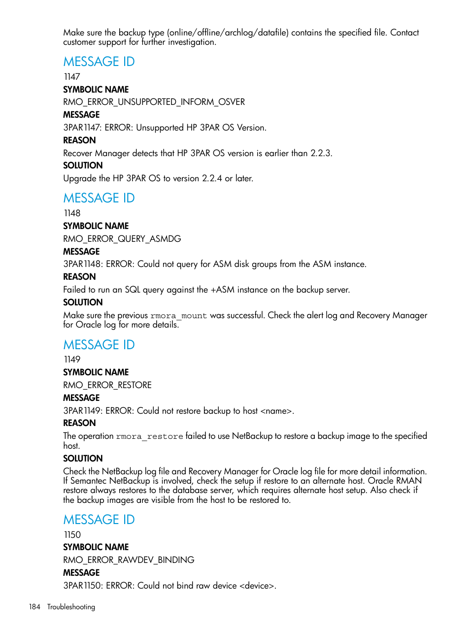 Message id | HP 3PAR Application Software Suite for Oracle User Manual | Page 184 / 223