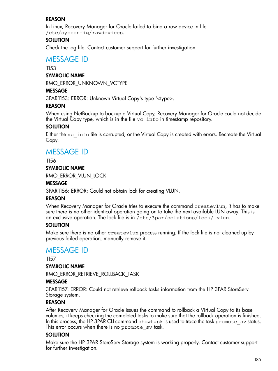 Message id | HP 3PAR Application Software Suite for Oracle User Manual | Page 185 / 223