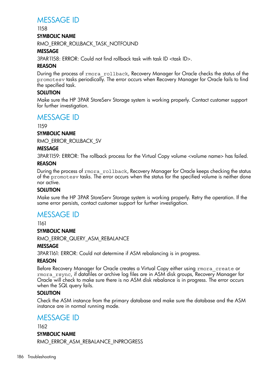 Message id | HP 3PAR Application Software Suite for Oracle User Manual | Page 186 / 223