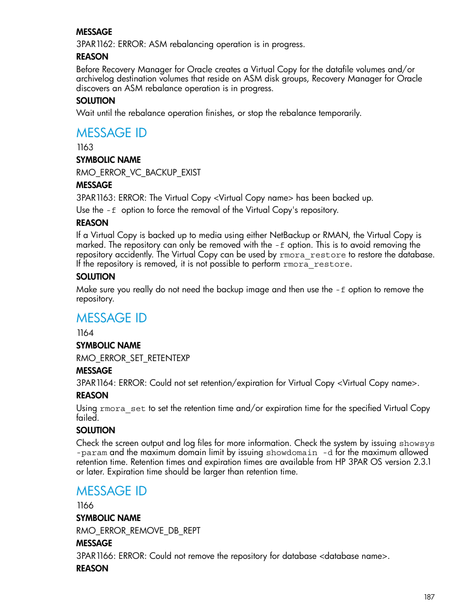 Message id | HP 3PAR Application Software Suite for Oracle User Manual | Page 187 / 223