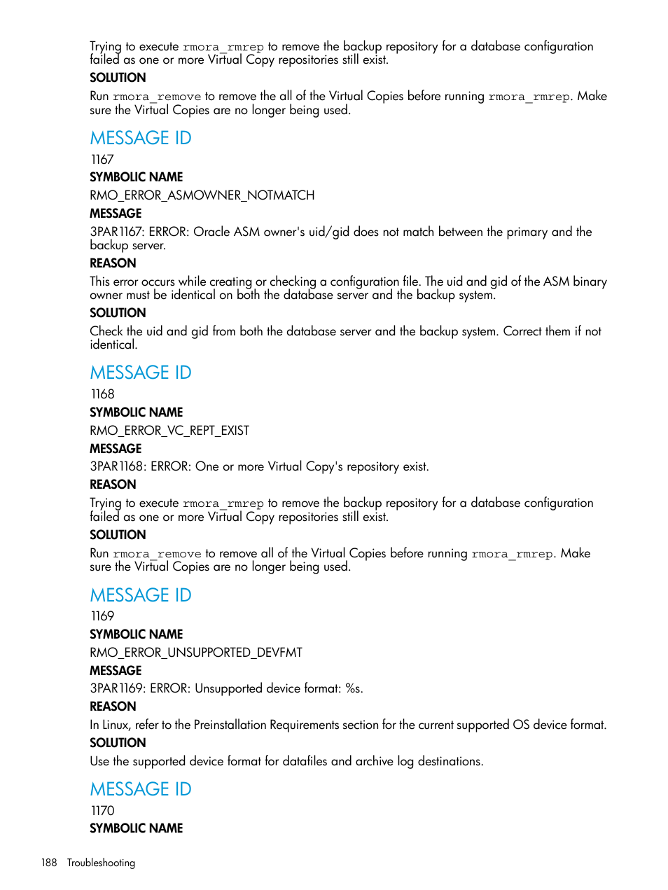 Message id | HP 3PAR Application Software Suite for Oracle User Manual | Page 188 / 223