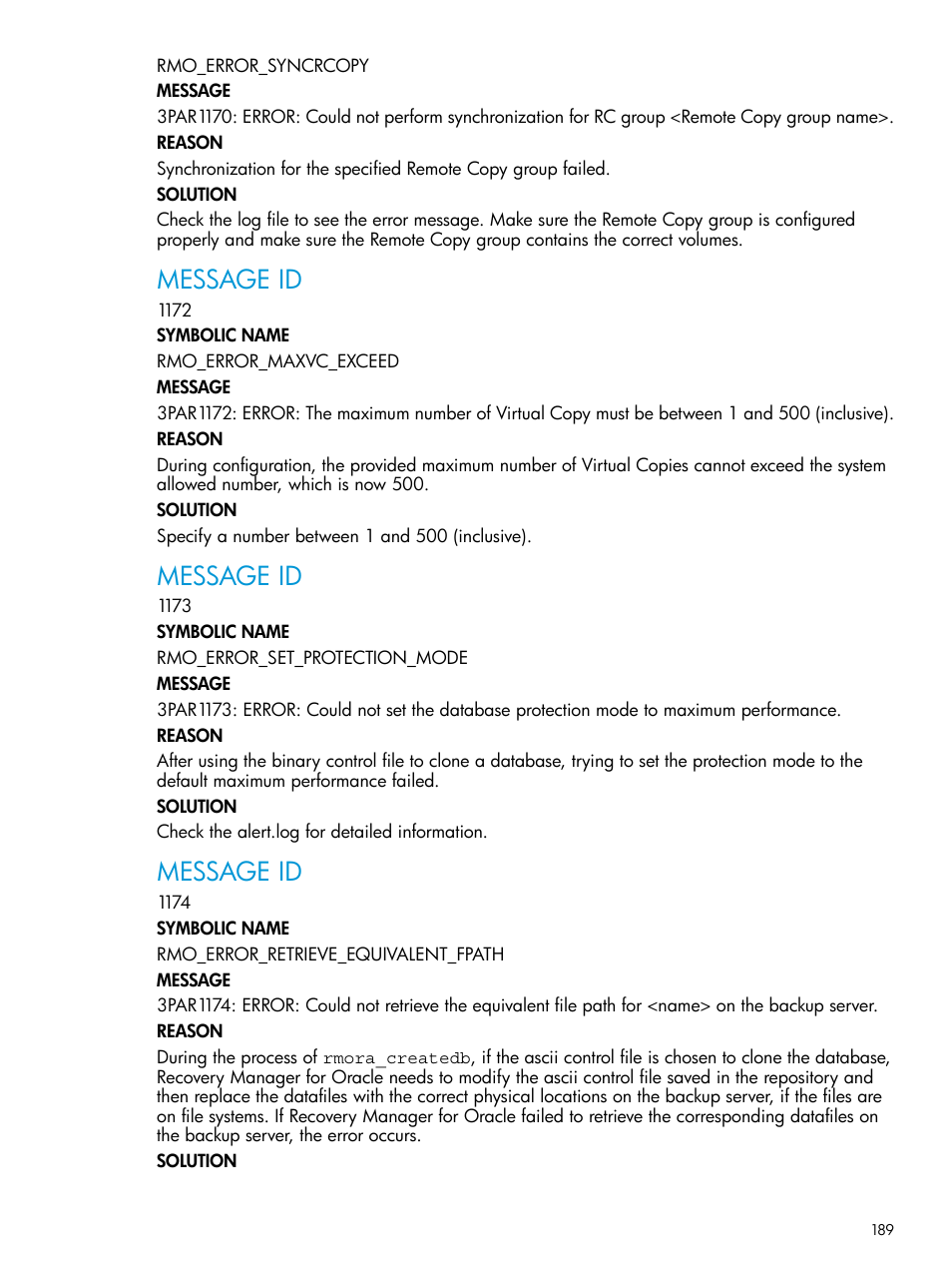 Message id | HP 3PAR Application Software Suite for Oracle User Manual | Page 189 / 223