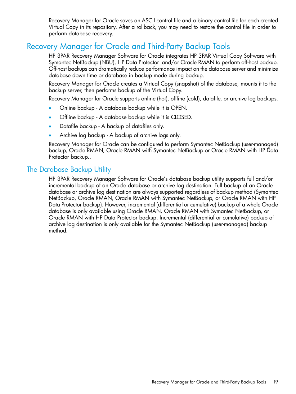 The database backup utility | HP 3PAR Application Software Suite for Oracle User Manual | Page 19 / 223