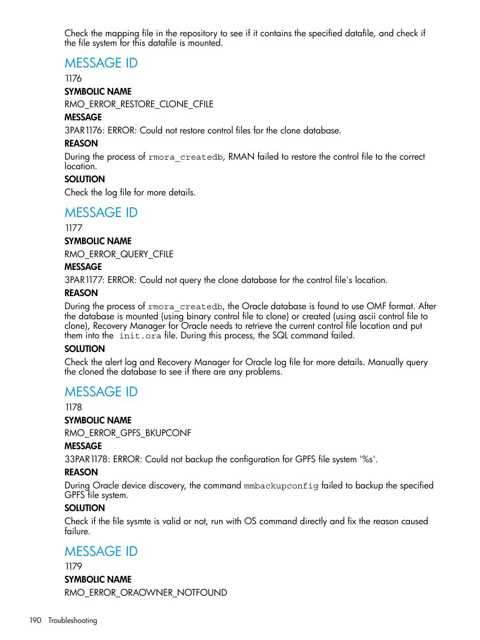 Message id | HP 3PAR Application Software Suite for Oracle User Manual | Page 190 / 223