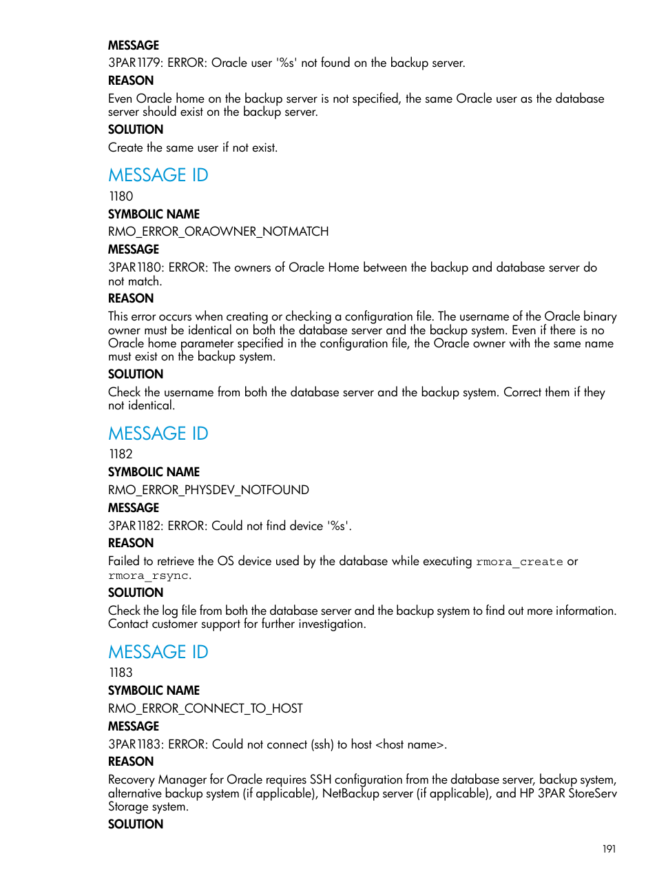 Message id | HP 3PAR Application Software Suite for Oracle User Manual | Page 191 / 223