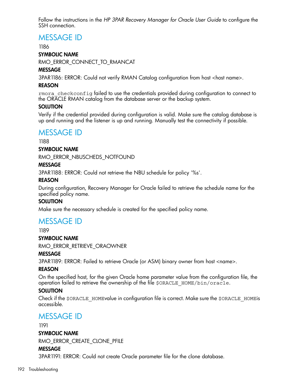 Message id | HP 3PAR Application Software Suite for Oracle User Manual | Page 192 / 223