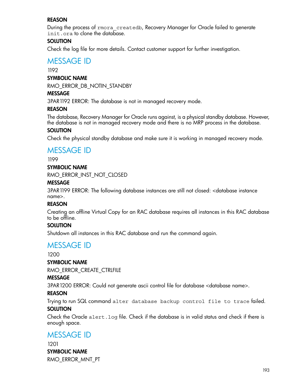 Message id | HP 3PAR Application Software Suite for Oracle User Manual | Page 193 / 223