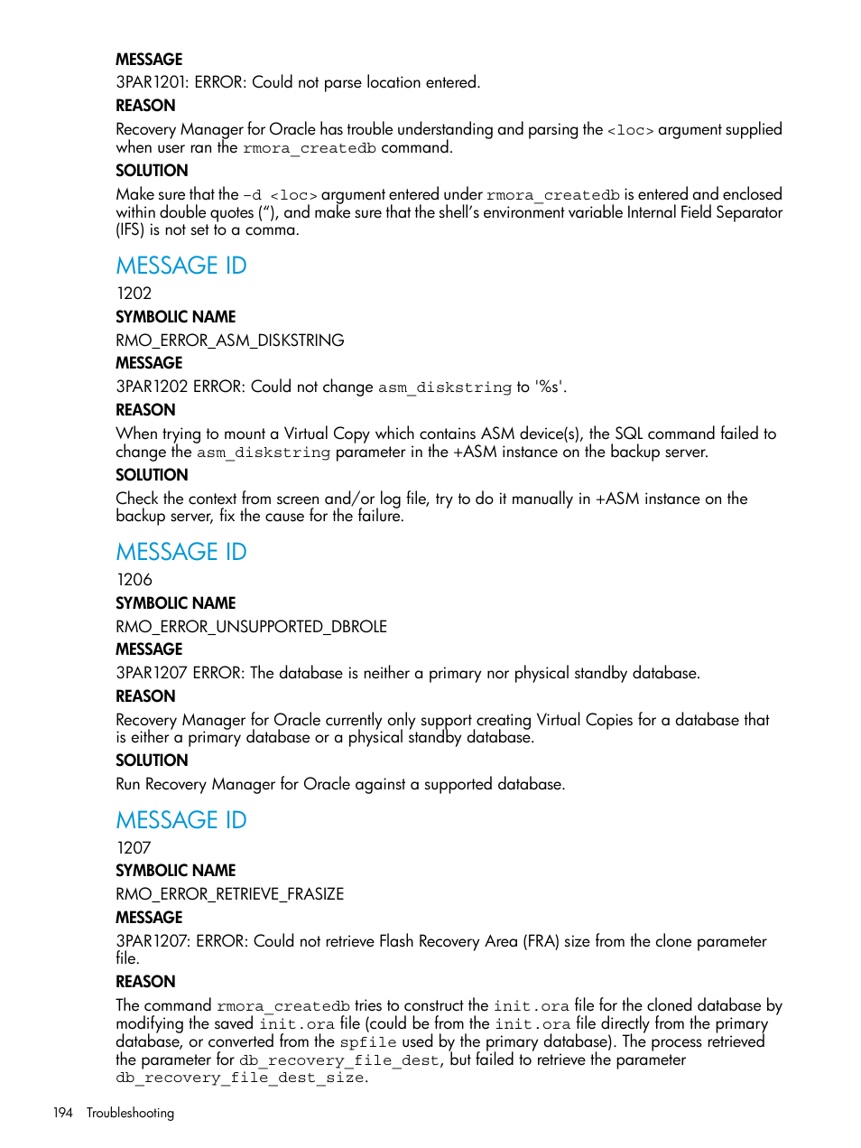 Message id | HP 3PAR Application Software Suite for Oracle User Manual | Page 194 / 223