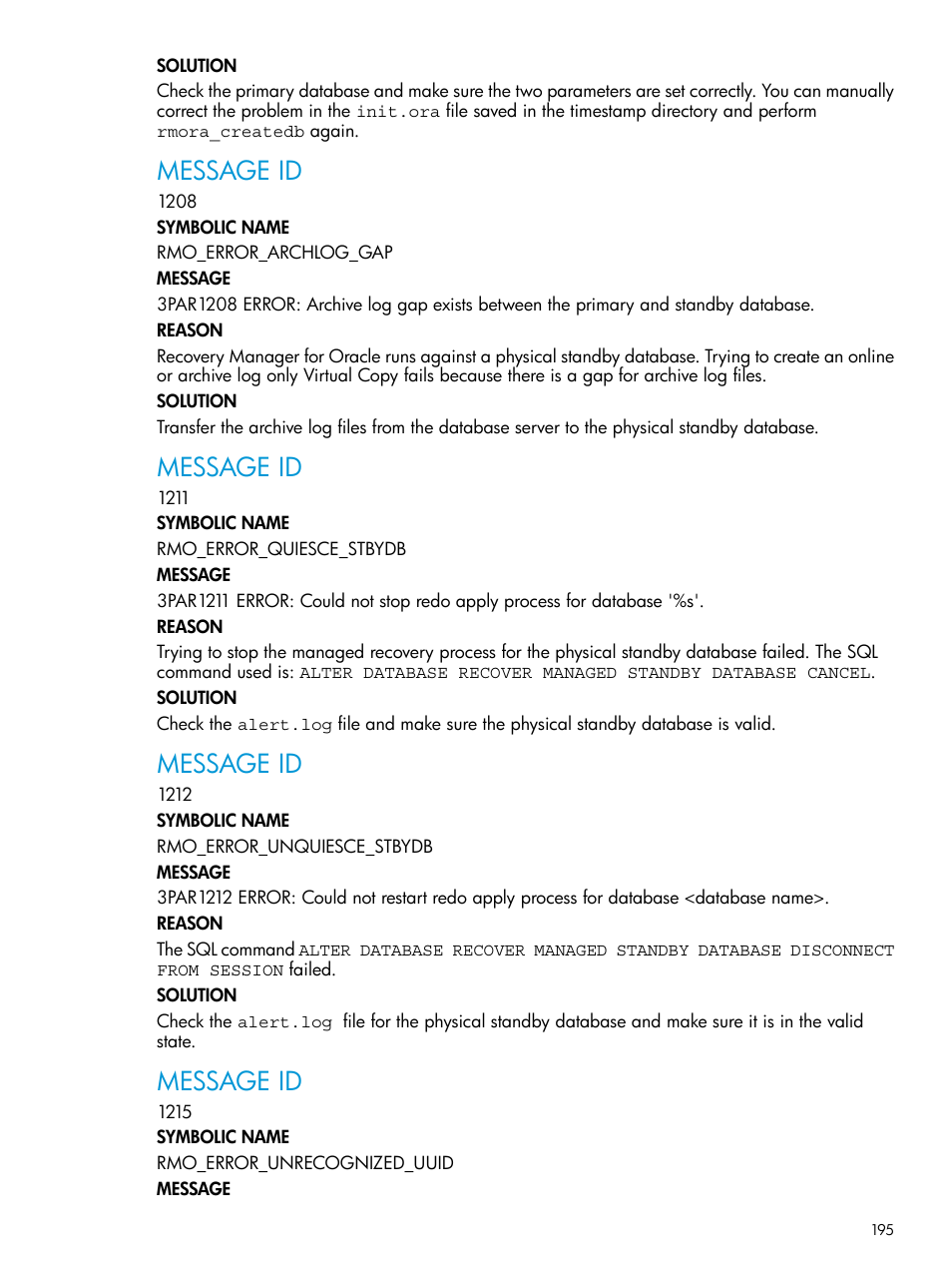 Message id | HP 3PAR Application Software Suite for Oracle User Manual | Page 195 / 223