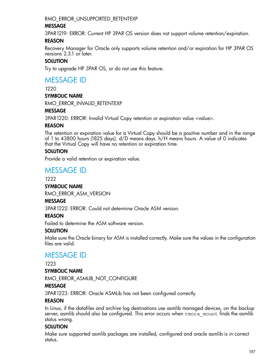 Message id | HP 3PAR Application Software Suite for Oracle User Manual | Page 197 / 223