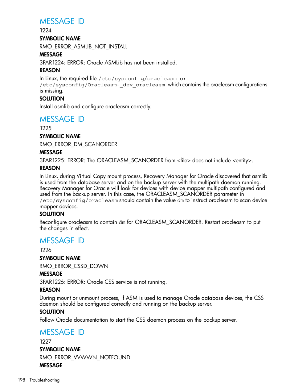 Message id | HP 3PAR Application Software Suite for Oracle User Manual | Page 198 / 223