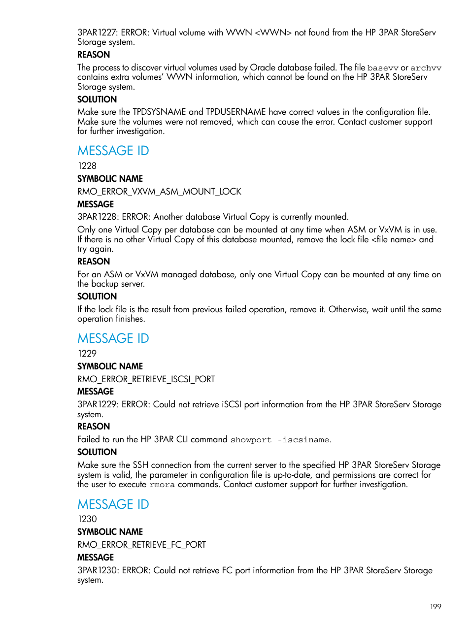 Message id | HP 3PAR Application Software Suite for Oracle User Manual | Page 199 / 223