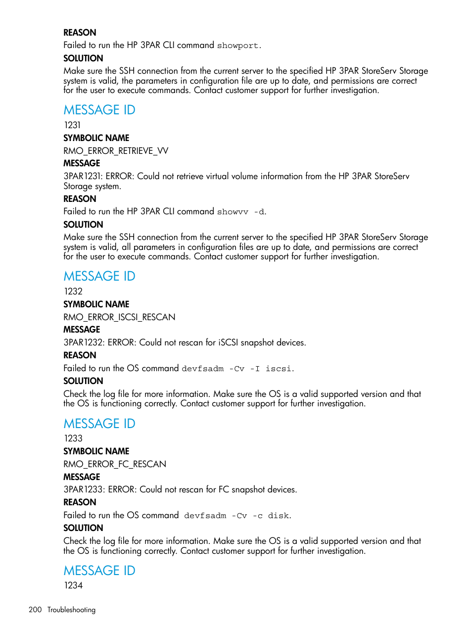 Message id | HP 3PAR Application Software Suite for Oracle User Manual | Page 200 / 223