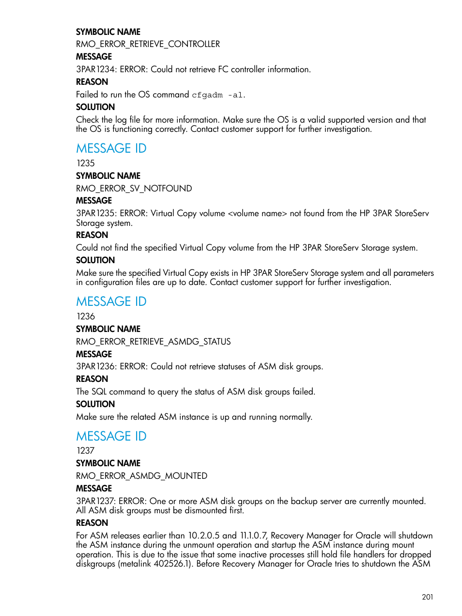 Message id | HP 3PAR Application Software Suite for Oracle User Manual | Page 201 / 223