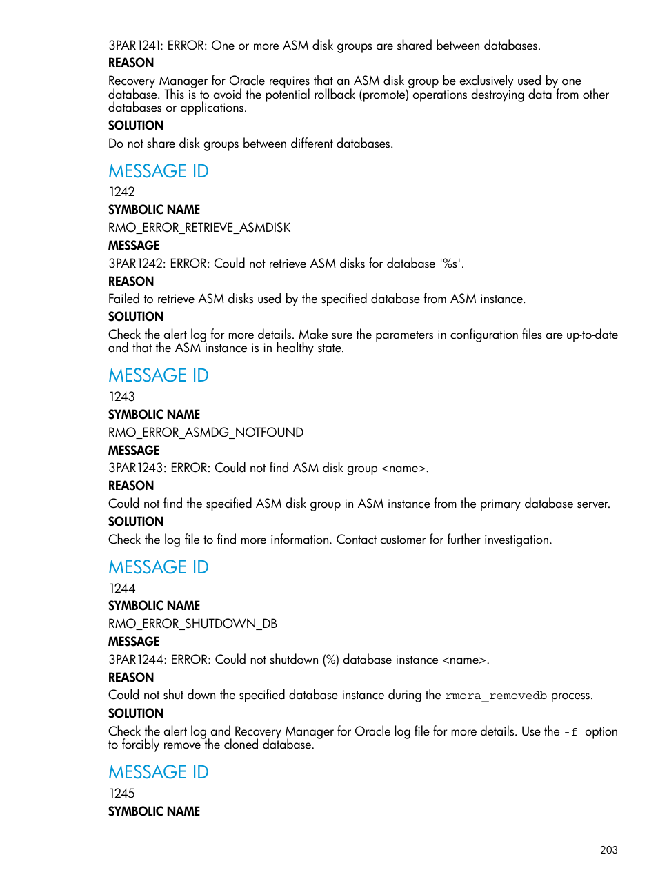 Message id | HP 3PAR Application Software Suite for Oracle User Manual | Page 203 / 223
