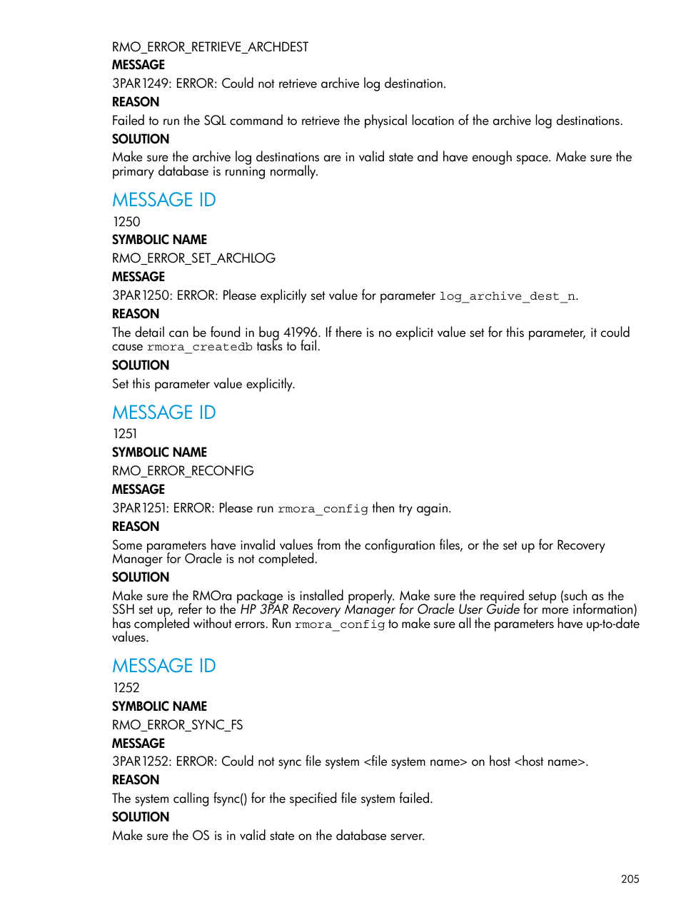 Message id | HP 3PAR Application Software Suite for Oracle User Manual | Page 205 / 223