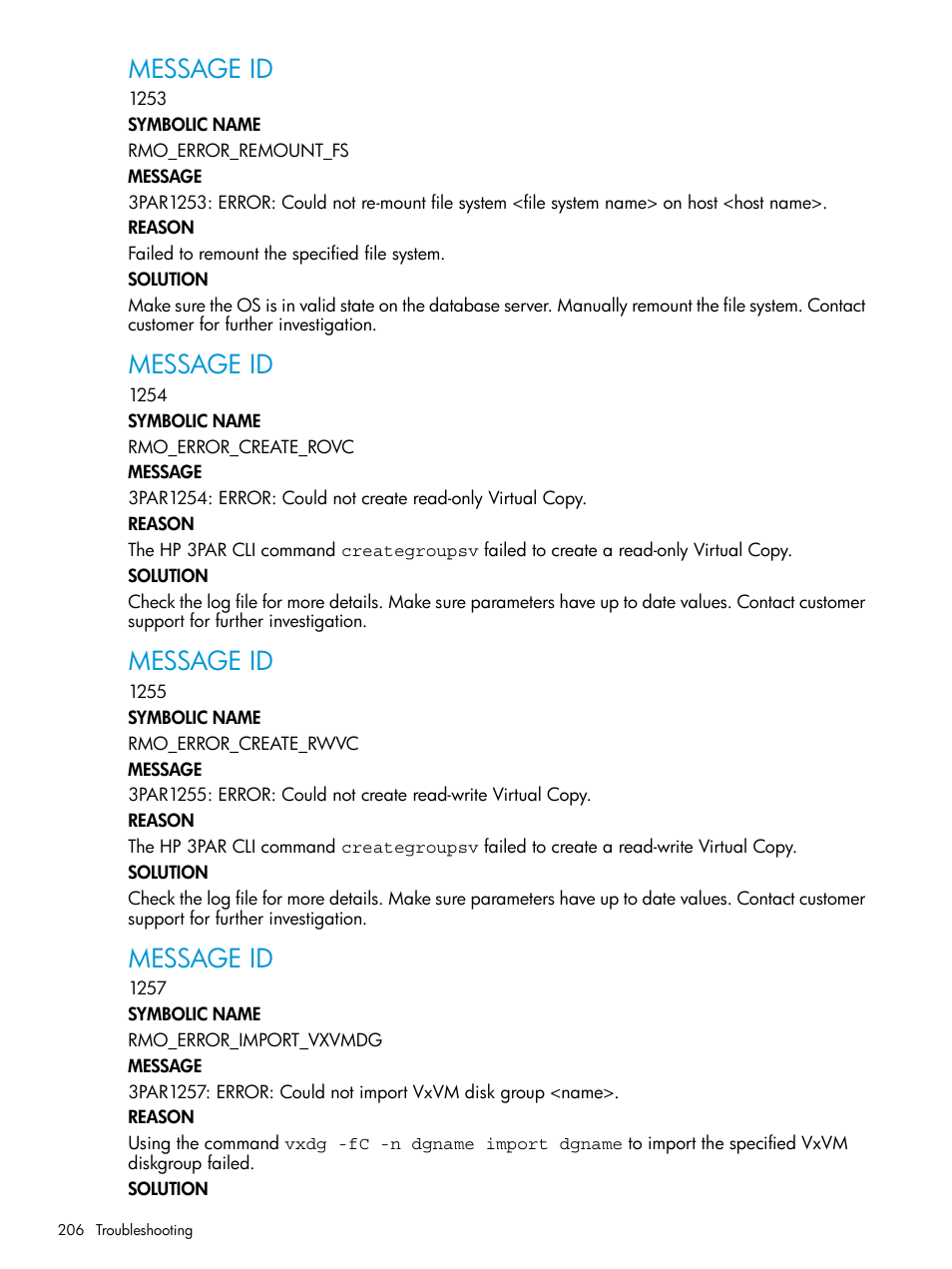 Message id | HP 3PAR Application Software Suite for Oracle User Manual | Page 206 / 223