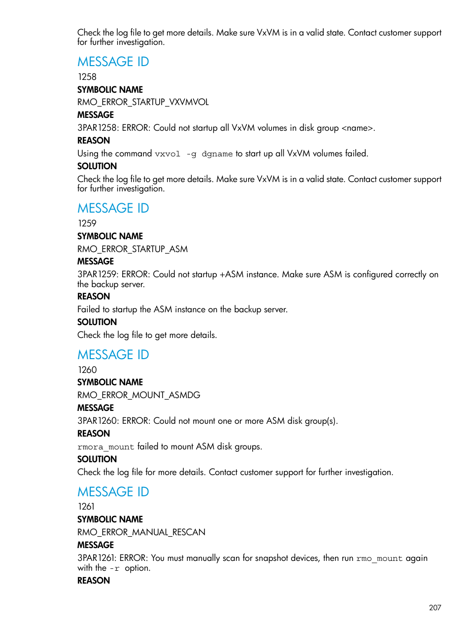 Message id | HP 3PAR Application Software Suite for Oracle User Manual | Page 207 / 223