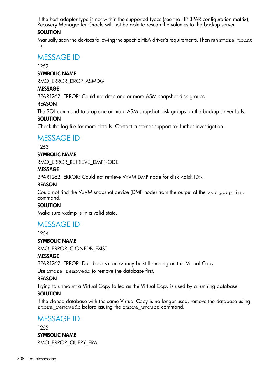 Message id | HP 3PAR Application Software Suite for Oracle User Manual | Page 208 / 223