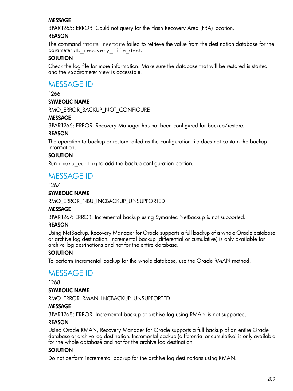 Message id | HP 3PAR Application Software Suite for Oracle User Manual | Page 209 / 223