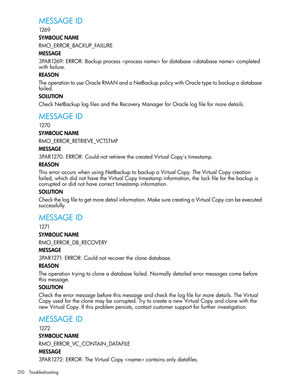 Message id | HP 3PAR Application Software Suite for Oracle User Manual | Page 210 / 223
