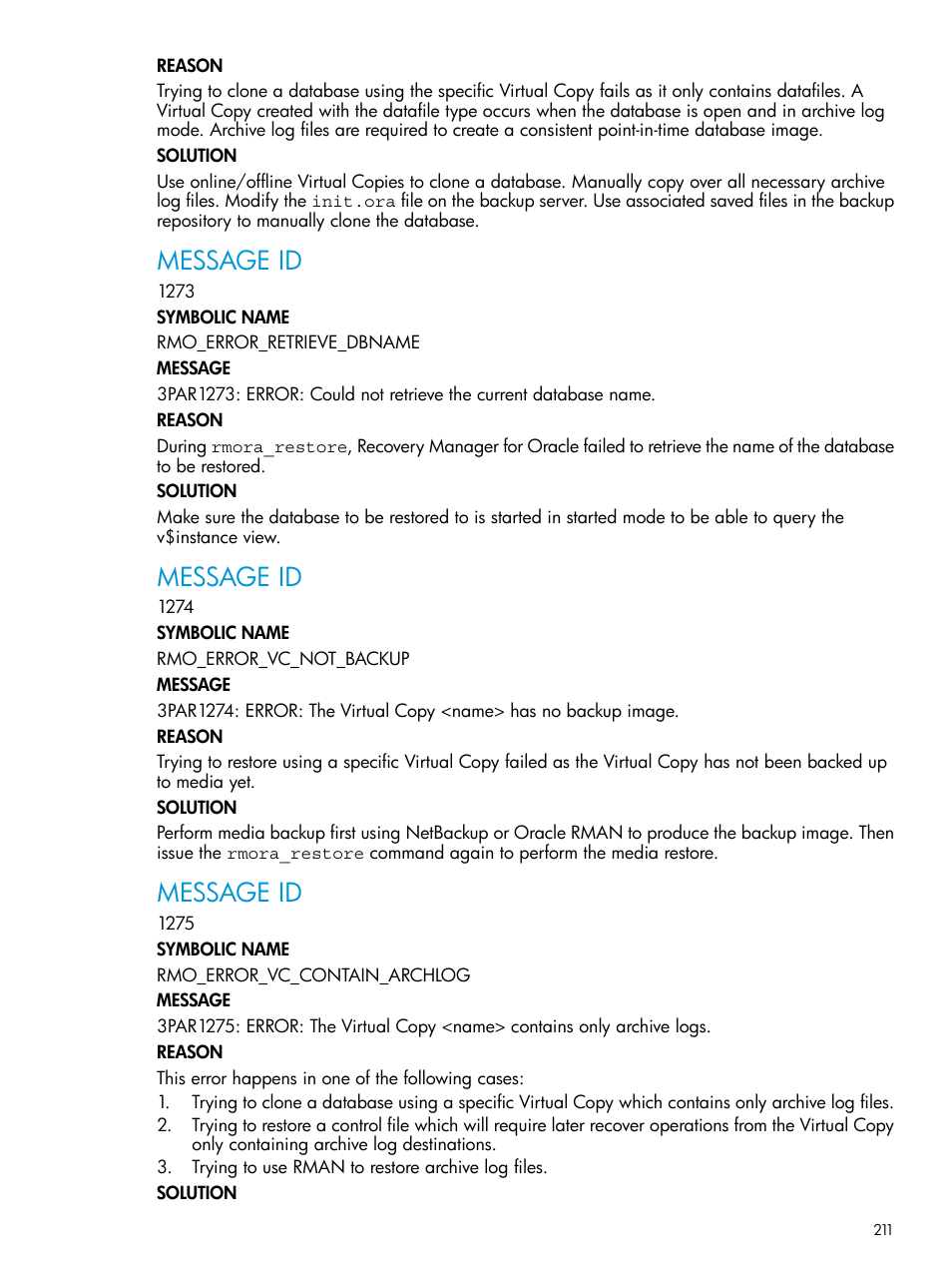 Message id | HP 3PAR Application Software Suite for Oracle User Manual | Page 211 / 223