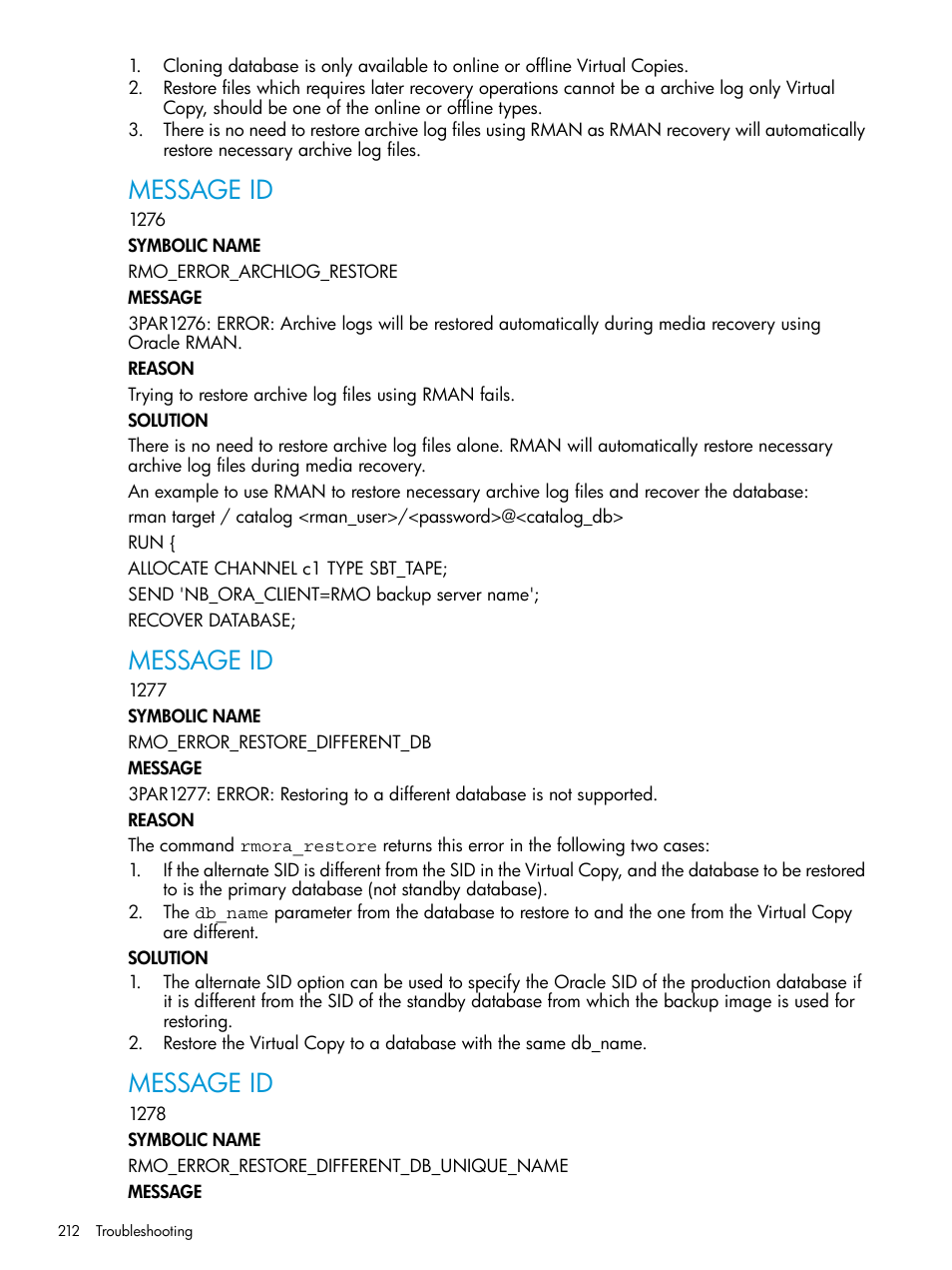 Message id | HP 3PAR Application Software Suite for Oracle User Manual | Page 212 / 223