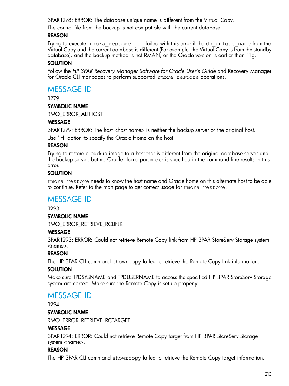 Message id | HP 3PAR Application Software Suite for Oracle User Manual | Page 213 / 223