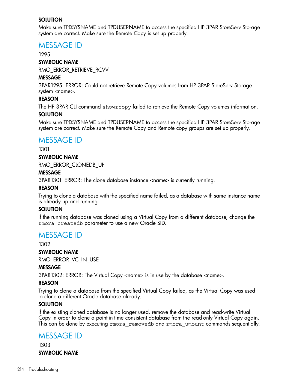 Message id | HP 3PAR Application Software Suite for Oracle User Manual | Page 214 / 223