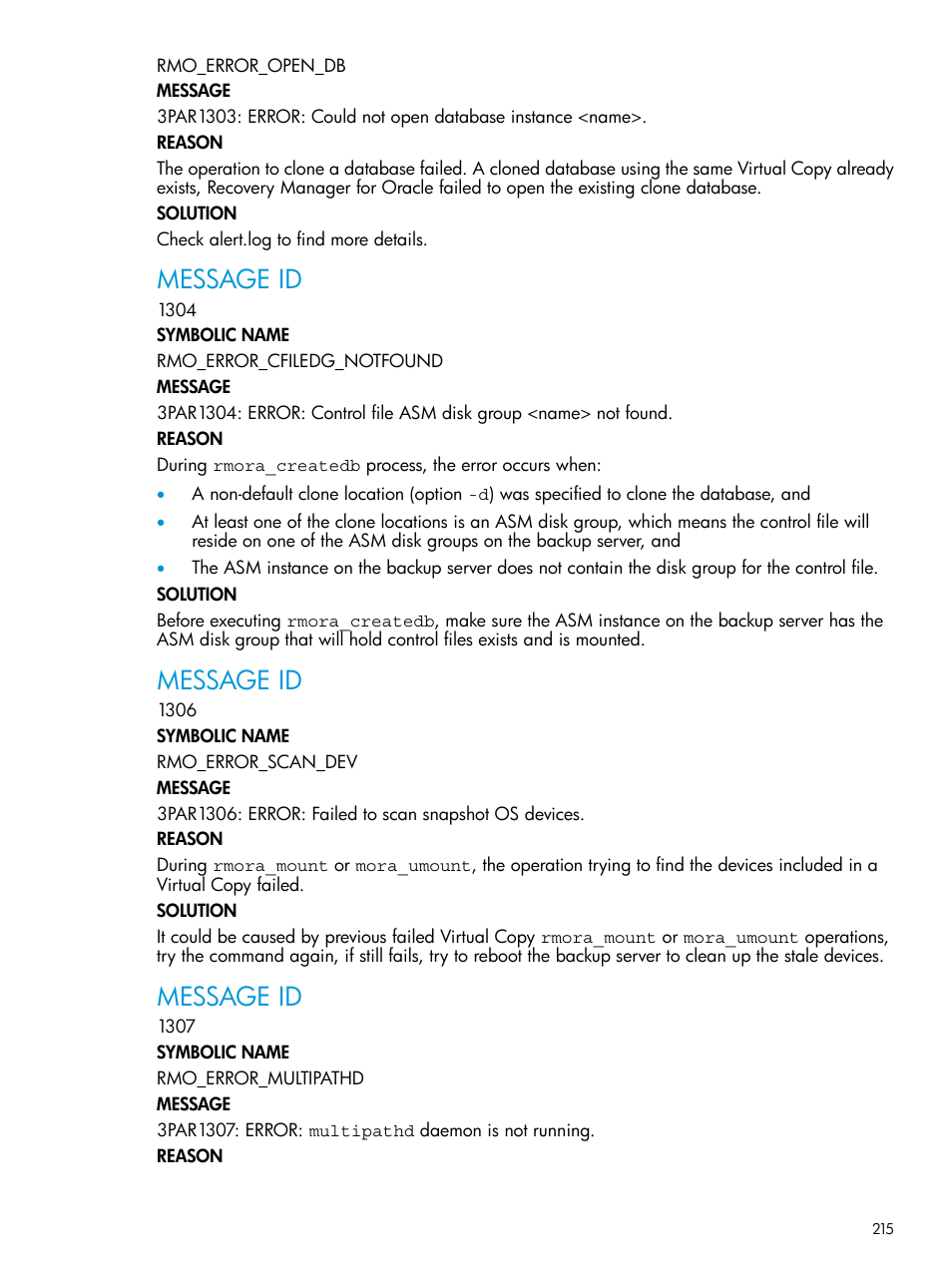 Message id | HP 3PAR Application Software Suite for Oracle User Manual | Page 215 / 223