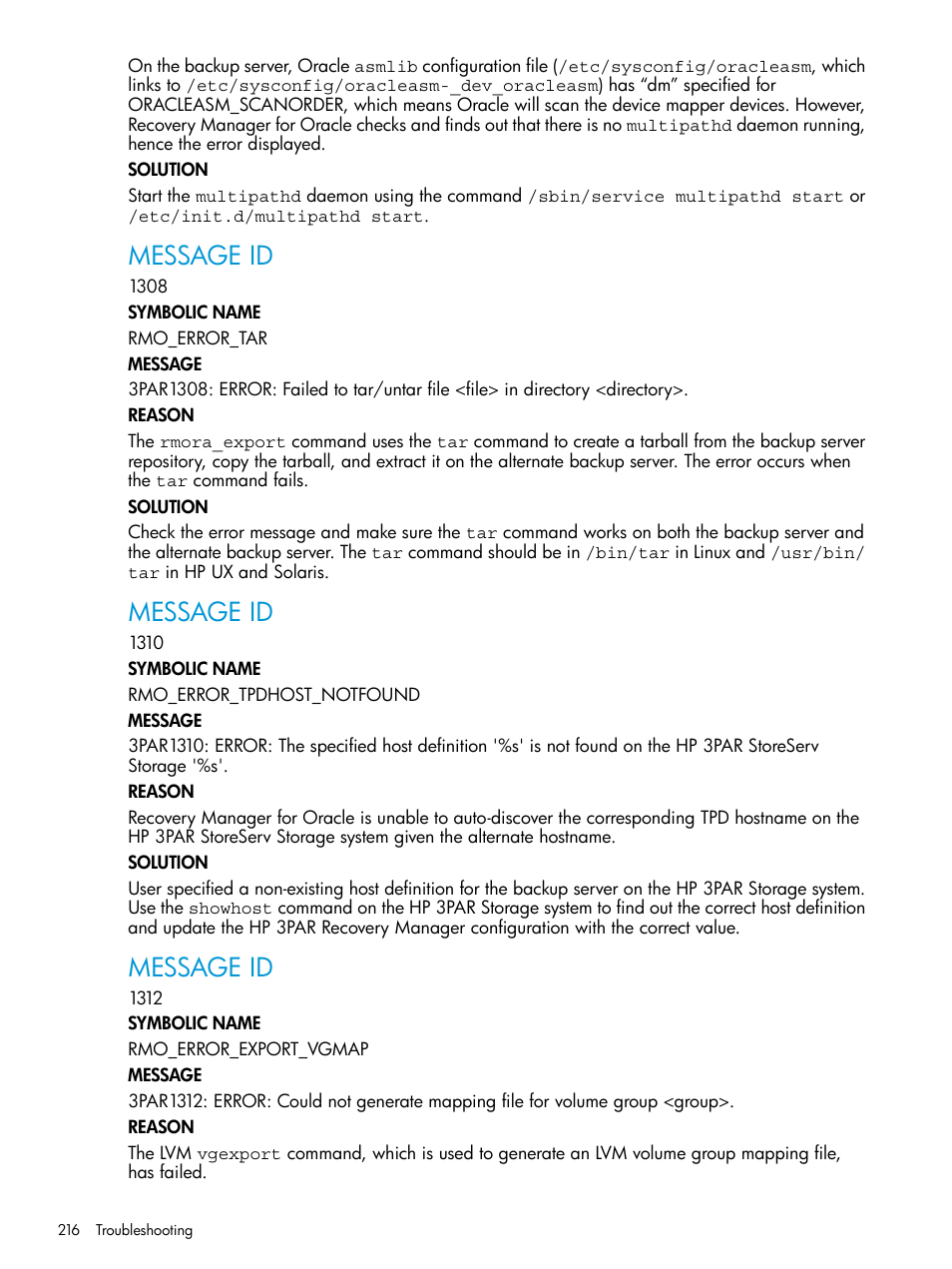 Message id | HP 3PAR Application Software Suite for Oracle User Manual | Page 216 / 223