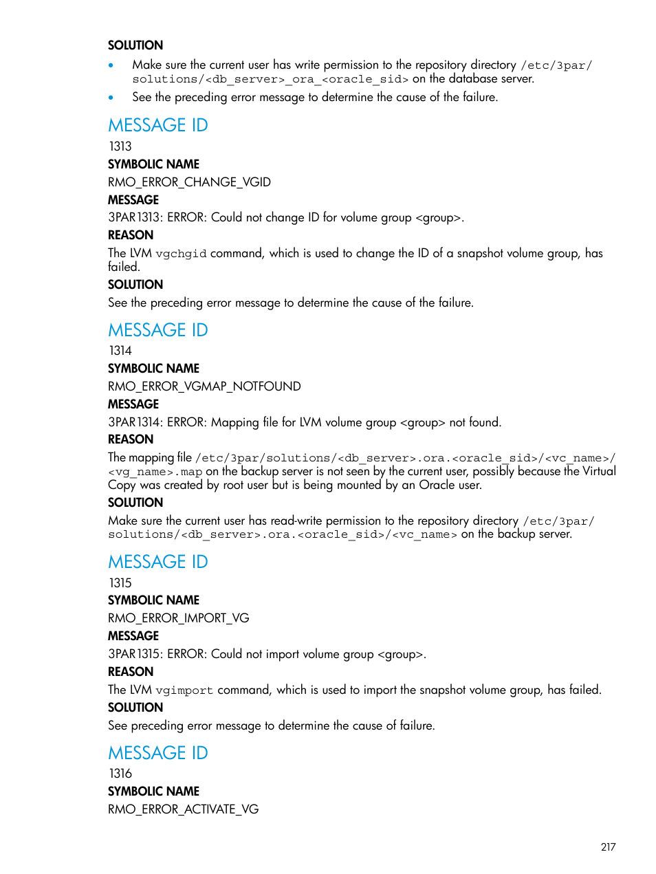 Message id | HP 3PAR Application Software Suite for Oracle User Manual | Page 217 / 223