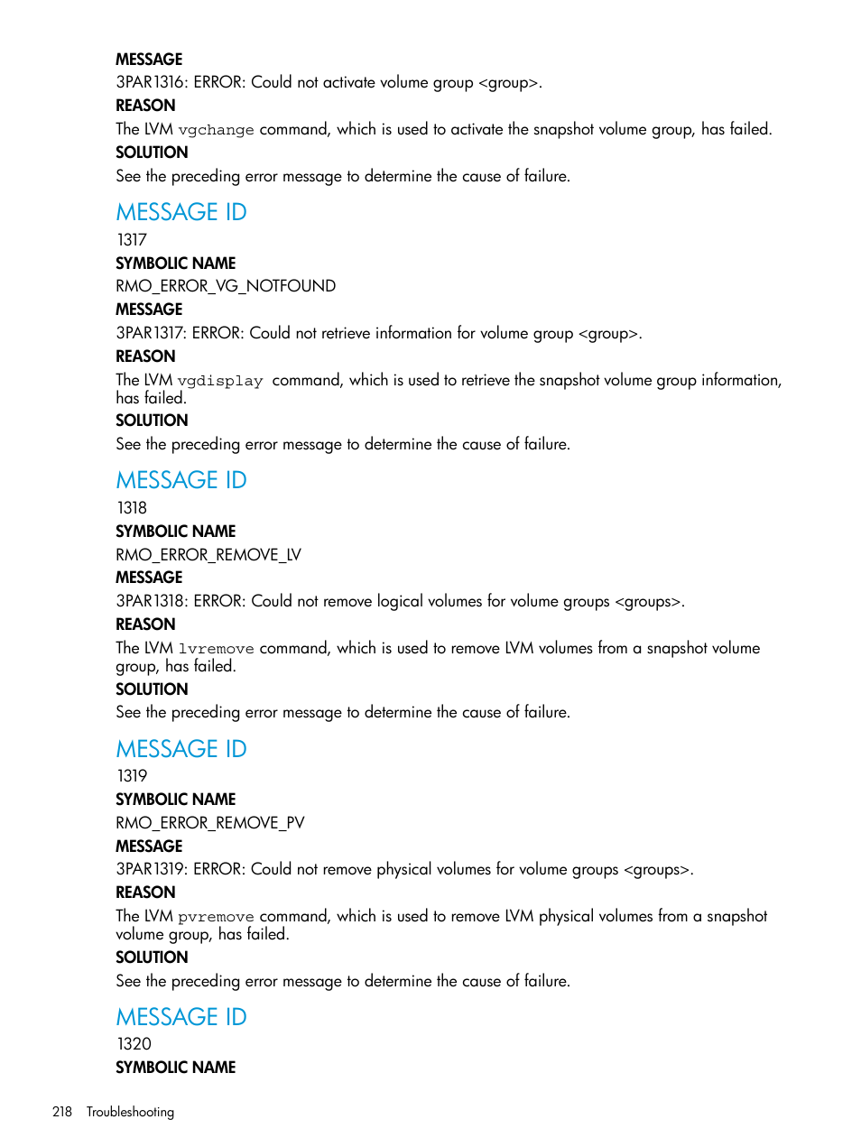 Message id | HP 3PAR Application Software Suite for Oracle User Manual | Page 218 / 223