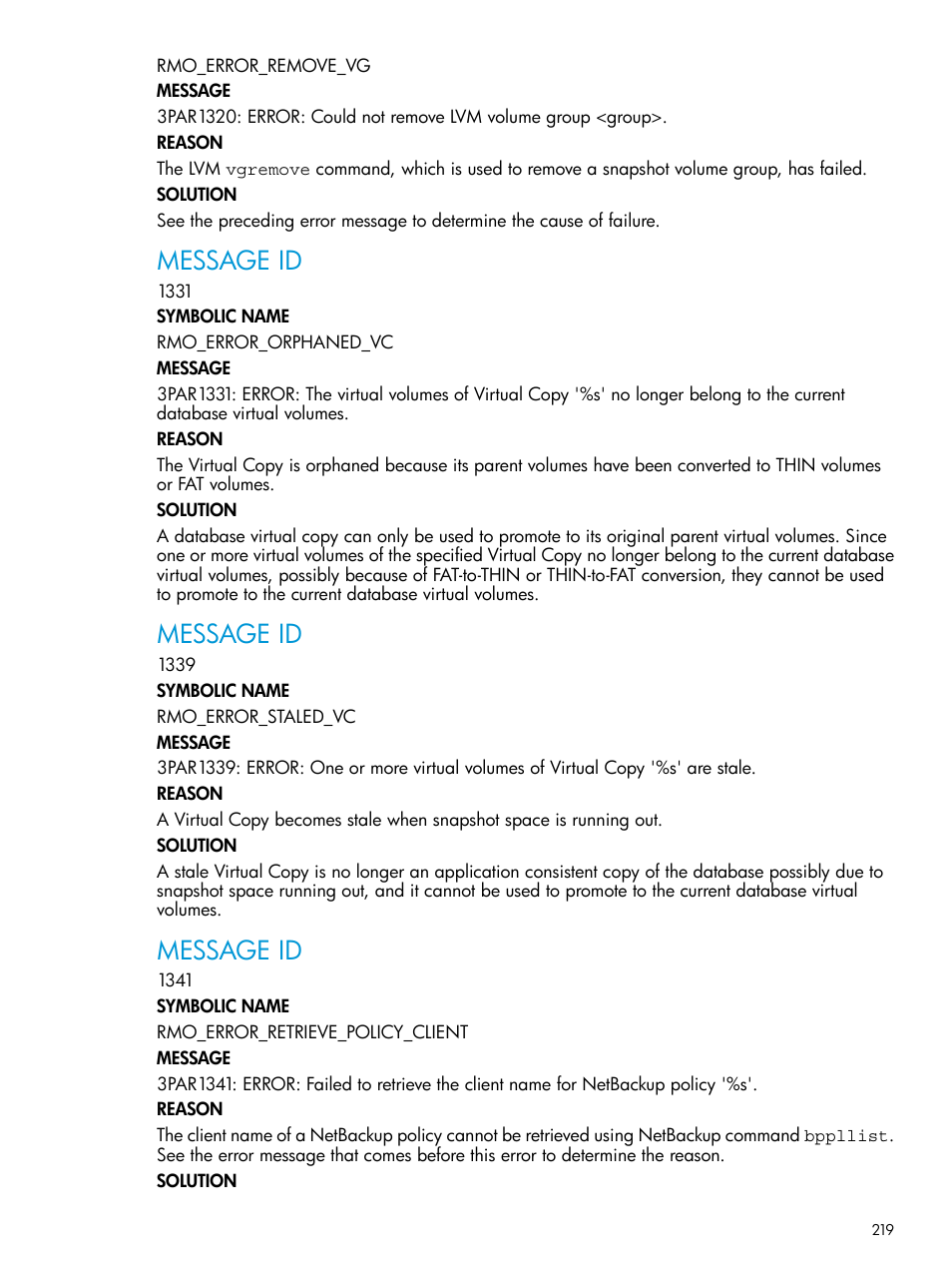 Message id | HP 3PAR Application Software Suite for Oracle User Manual | Page 219 / 223