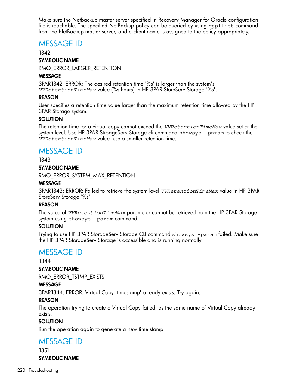 Message id | HP 3PAR Application Software Suite for Oracle User Manual | Page 220 / 223