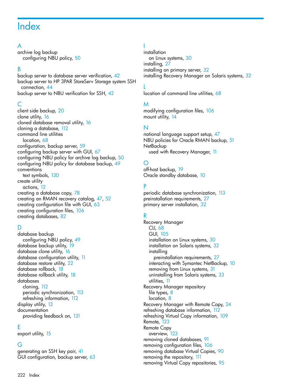 Index | HP 3PAR Application Software Suite for Oracle User Manual | Page 222 / 223