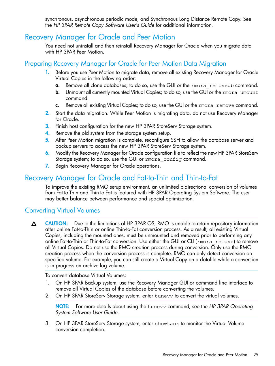 Recovery manager for oracle and peer motion, Converting virtual volumes | HP 3PAR Application Software Suite for Oracle User Manual | Page 25 / 223