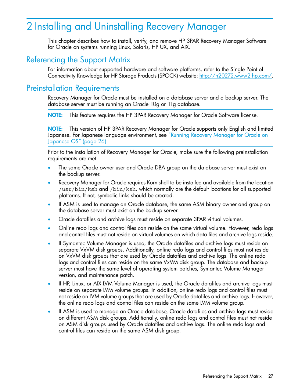 2 installing and uninstalling recovery manager, Referencing the support matrix, Preinstallation requirements | HP 3PAR Application Software Suite for Oracle User Manual | Page 27 / 223