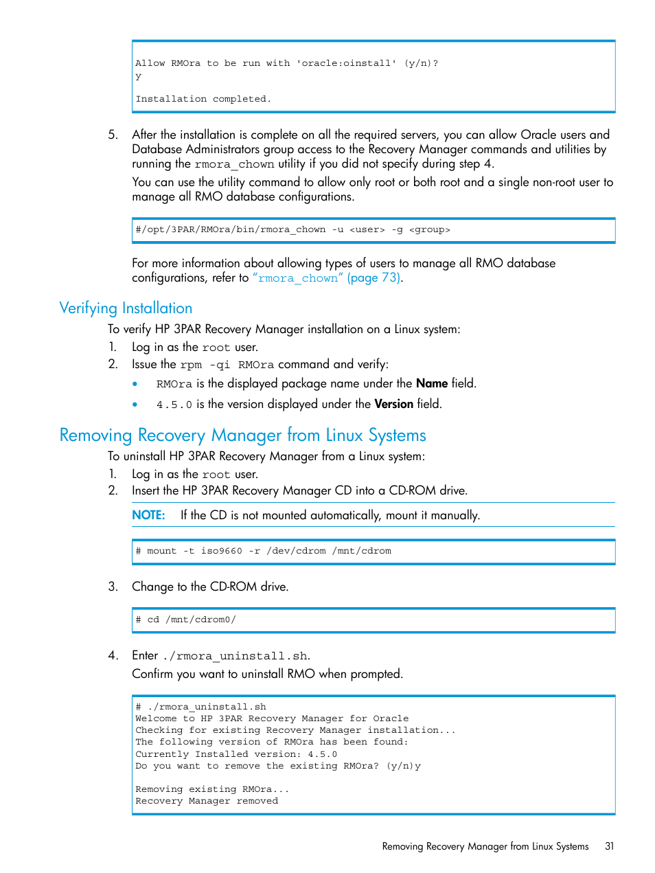 Verifying installation, Removing recovery manager from linux systems | HP 3PAR Application Software Suite for Oracle User Manual | Page 31 / 223