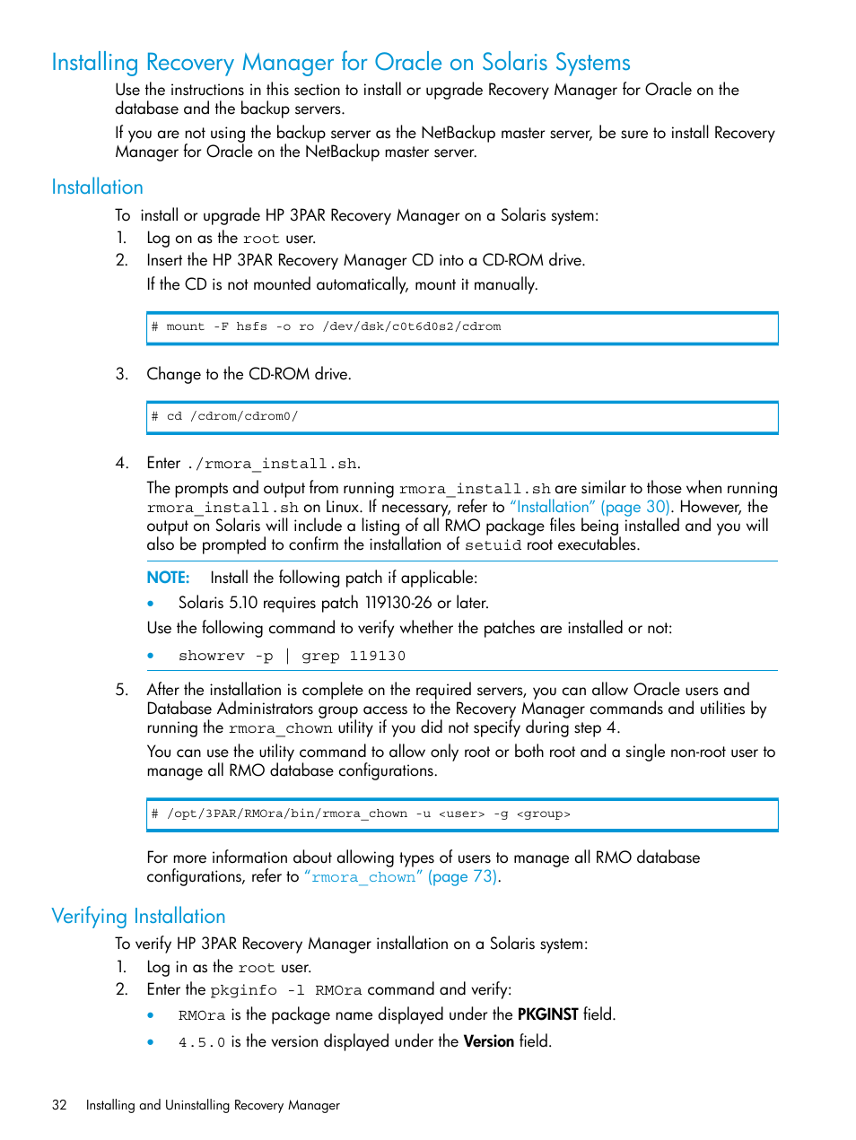 Installation, Verifying installation, Installation verifying installation | HP 3PAR Application Software Suite for Oracle User Manual | Page 32 / 223