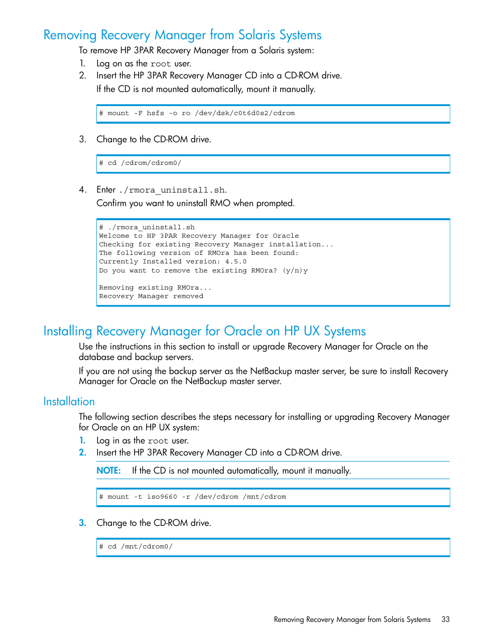 Removing recovery manager from solaris systems, Installation | HP 3PAR Application Software Suite for Oracle User Manual | Page 33 / 223