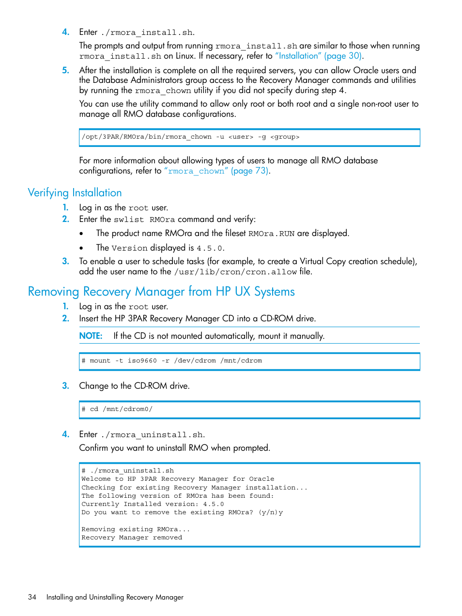 Verifying installation, Removing recovery manager from hp ux systems | HP 3PAR Application Software Suite for Oracle User Manual | Page 34 / 223