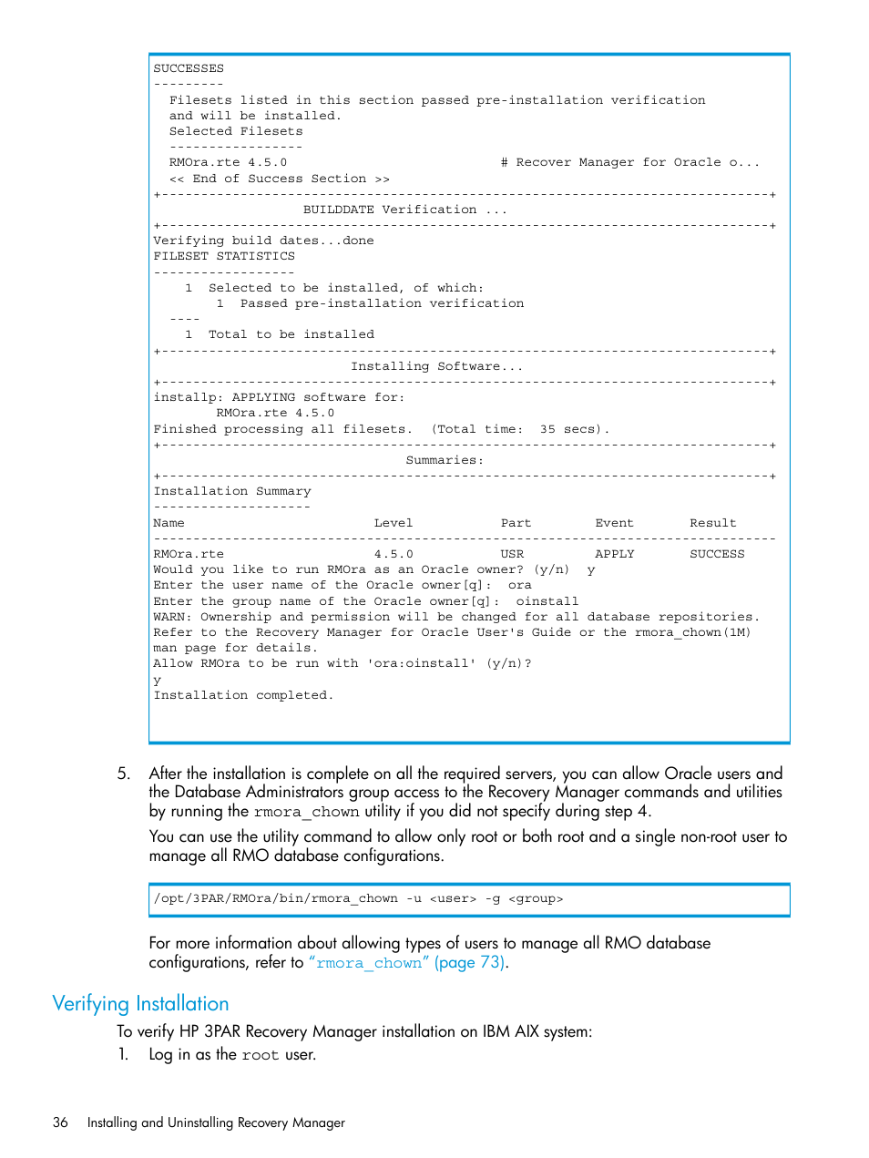 Verifying installation | HP 3PAR Application Software Suite for Oracle User Manual | Page 36 / 223