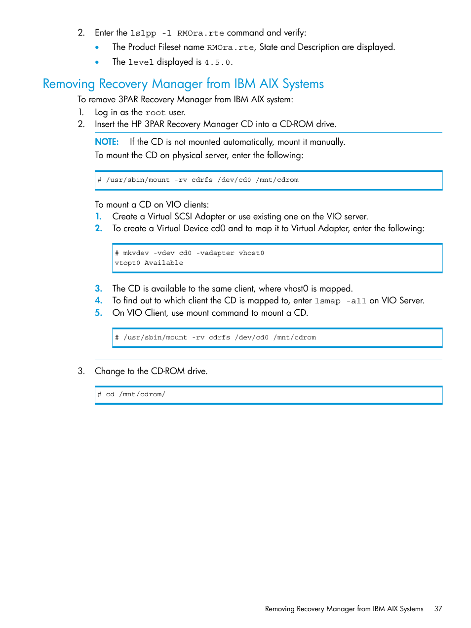 Removing recovery manager from ibm aix systems | HP 3PAR Application Software Suite for Oracle User Manual | Page 37 / 223